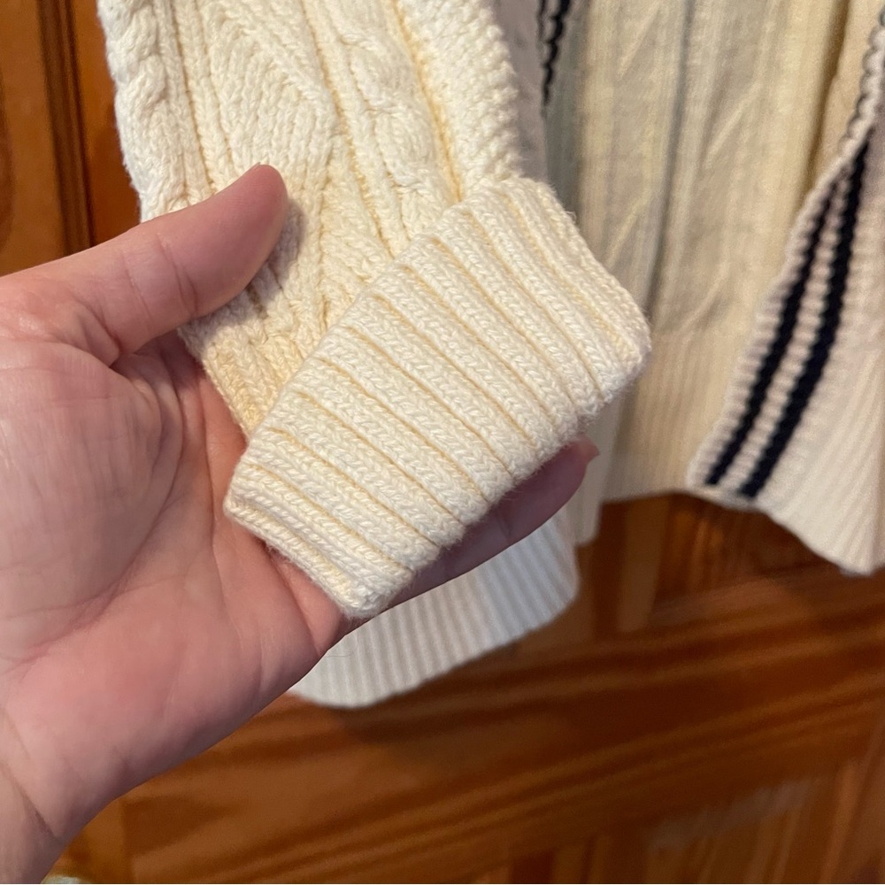 Tommy Hilfiger Cream Cable-Knit Open Cardigan with Navy Stripe Trim - Picture 3 of 9